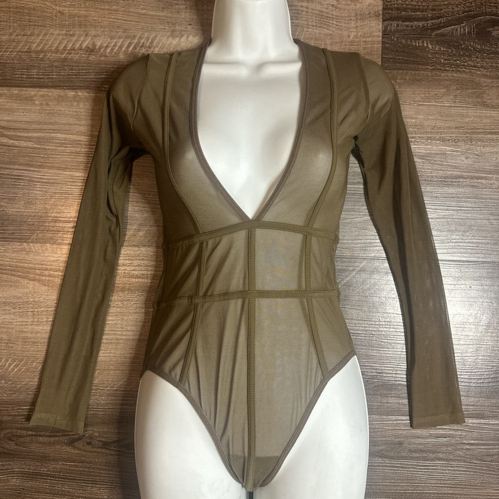 Khaki Long Sleeve Mesh Bodysuit